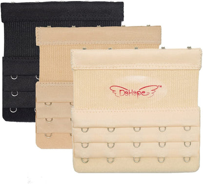 Dohope Elastic Bra Extender Strap 5 Hook 3 Row 3/4" plus Size Bra Extension Band 3pcs Bra Extenders (Black, Dark Beige, Light Beige)