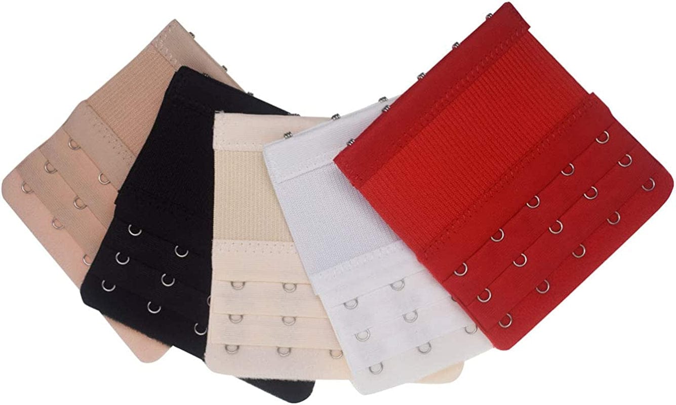 Dohope Elastic Bra Extender Strap 5 Hook 3 Row 3/4" plus Size Bra Extension Band 5pcs Bra Extenders (Black, White, Red, Light Beige, Dark Beige)