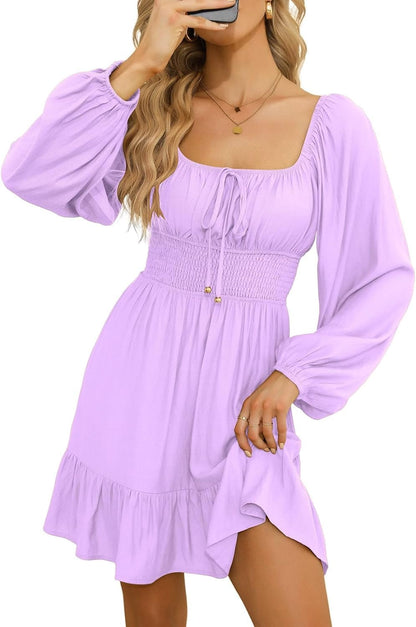 Dokotoo Womens Dresses Square Neck Long Puff Sleeve Elastic Waist A-Line Casual Mini Dress Pink Purple / Large