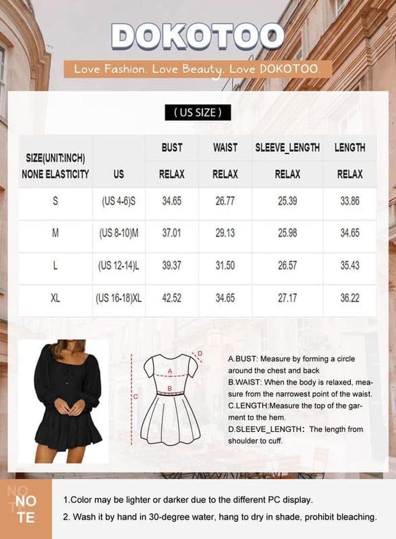Dokotoo Womens Dresses Square Neck Long Puff Sleeve Elastic Waist A-Line Casual Mini Dress