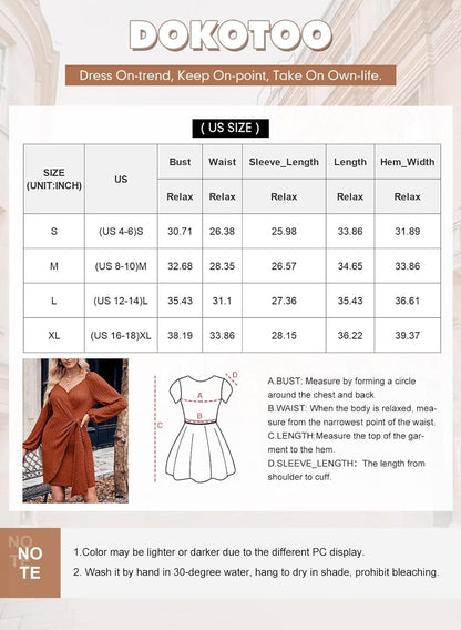 Dokotoo Womens Wrap Ribbed Knit Bodycon Dresses V Neck Long Sleeve Tie Waist Mini Dress