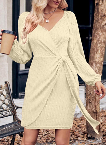 Dokotoo Womens Wrap Ribbed Knit Bodycon Dresses V Neck Long Sleeve Tie Waist Mini Dress