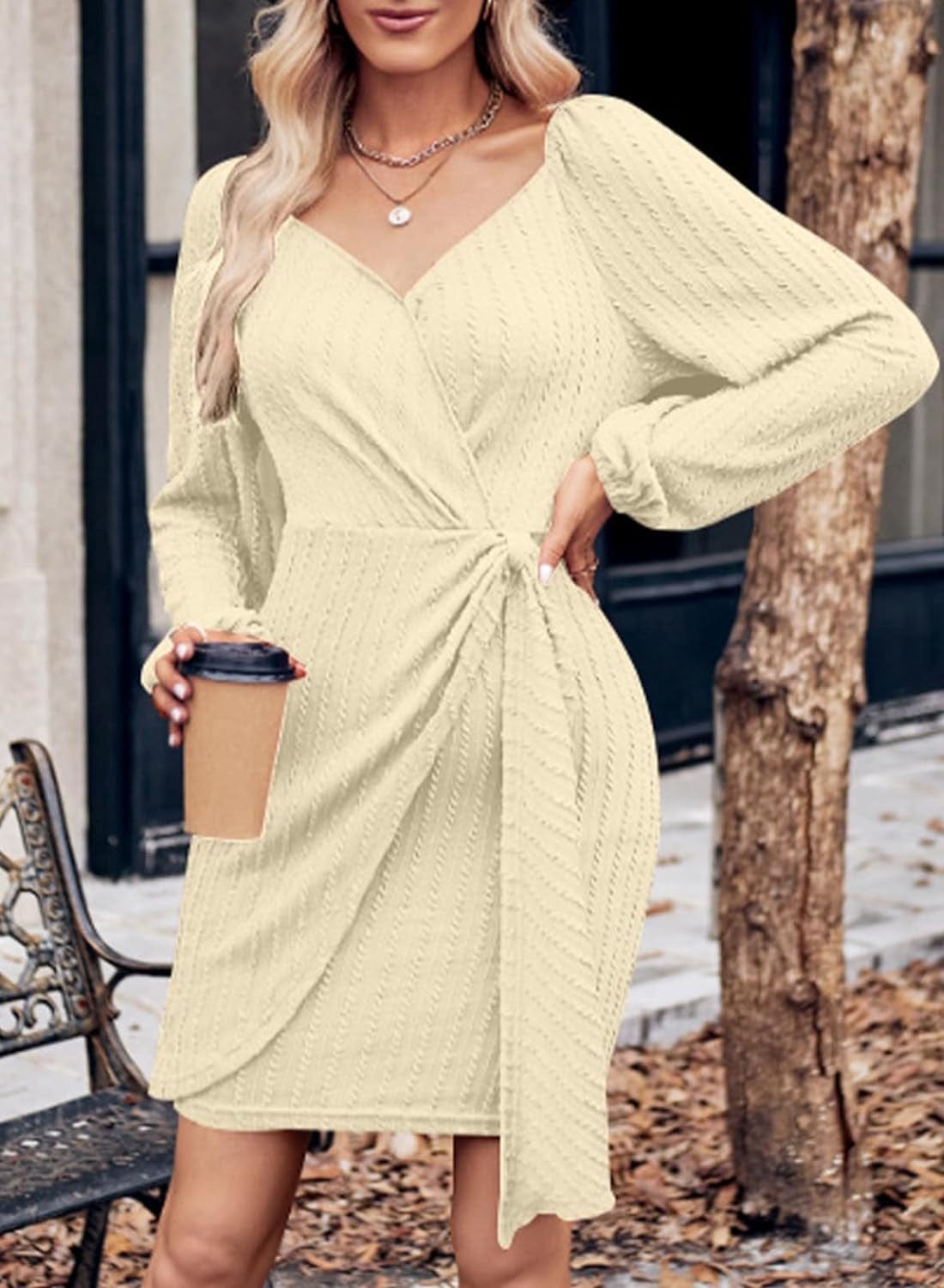 Dokotoo Womens Wrap Ribbed Knit Bodycon Dresses V Neck Long Sleeve Tie Waist Mini Dress