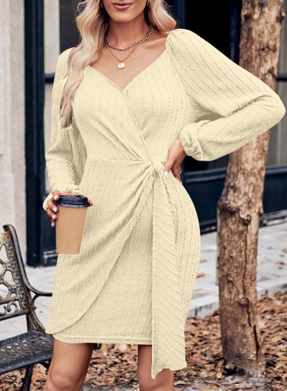 Dokotoo Womens Wrap Ribbed Knit Bodycon Dresses V Neck Long Sleeve Tie Waist Mini Dress