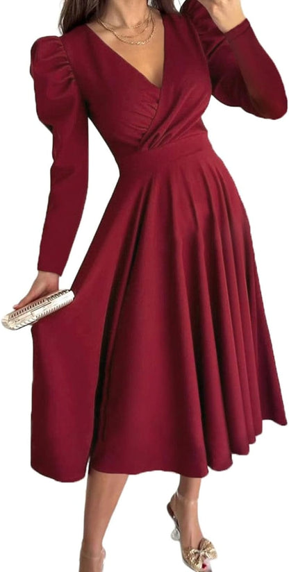 Dokotoo Womens Wrap V Neck Long Sleeve High Waist Vintage Wedding Guest Cocktail Party Swing a Line Midi Dresses Red / Small