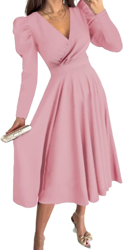 Dokotoo Womens Wrap V Neck Long Sleeve High Waist Vintage Wedding Guest Cocktail Party Swing a Line Midi Dresses Pink / Large