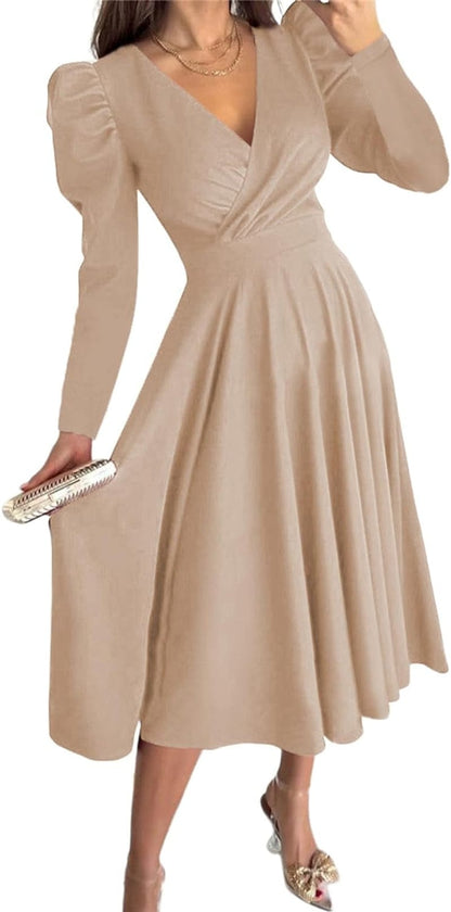 Dokotoo Womens Wrap V Neck Long Sleeve High Waist Vintage Wedding Guest Cocktail Party Swing a Line Midi Dresses Khaki / Large