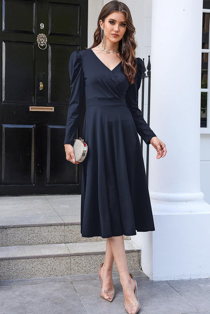 Dokotoo Womens Wrap V Neck Long Sleeve High Waist Vintage Wedding Guest Cocktail Party Swing a Line Midi Dresses