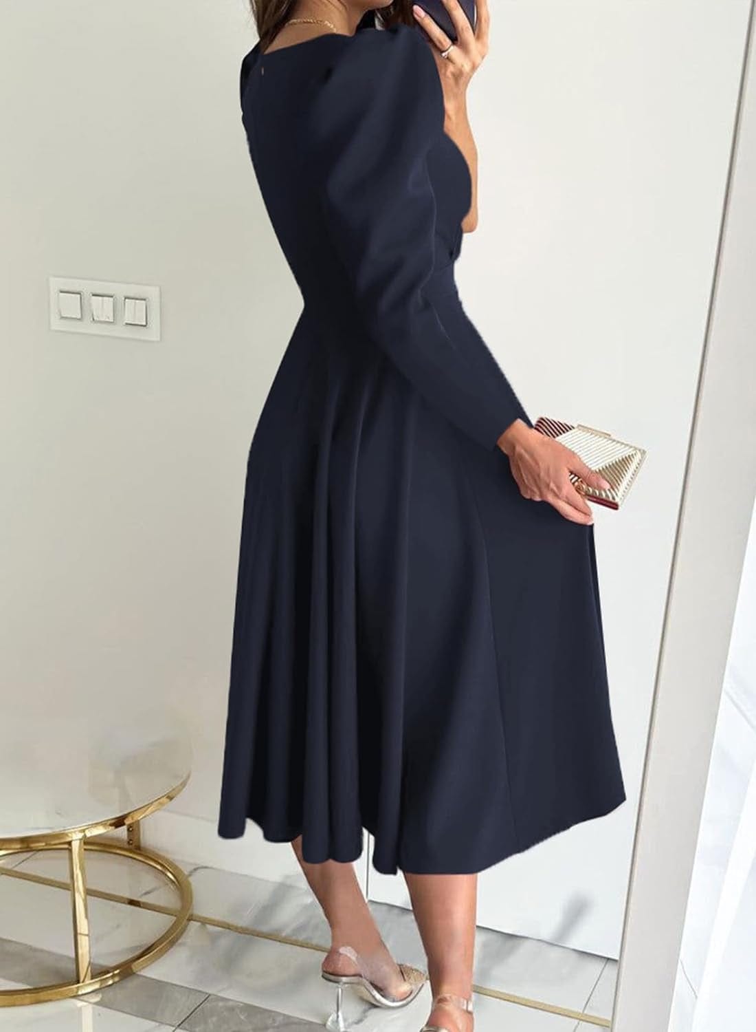 Dokotoo Womens Wrap V Neck Long Sleeve High Waist Vintage Wedding Guest Cocktail Party Swing a Line Midi Dresses