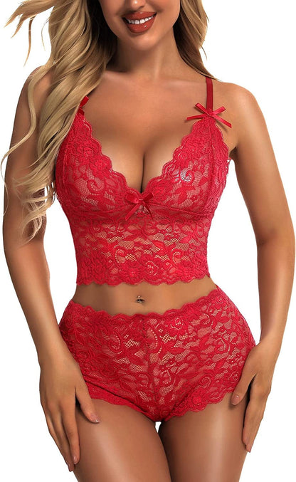 Donnalla Sexy Lingerie Set for Women 2-Piece Lace Bra and Panty Exotic Bralette High Waist Pajamas Sleepwear Wine Red / X-Large