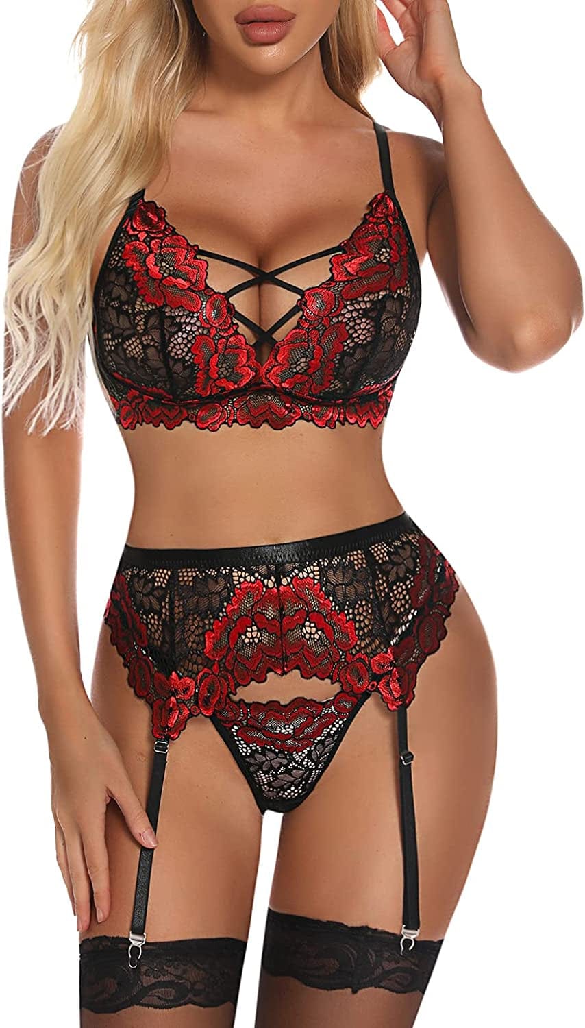 Donnalla Women'S Sexy Lingerie Set 3 Pieces Garter Lingerie Floral Lace Bra and Panty(No STOCKING) Red / Large