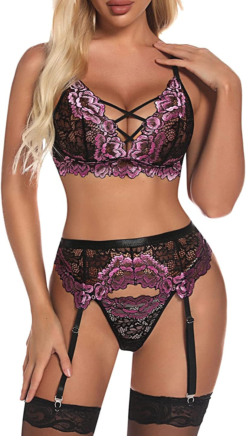Donnalla Women'S Sexy Lingerie Set 3 Pieces Garter Lingerie Floral Lace Bra and Panty(No STOCKING)