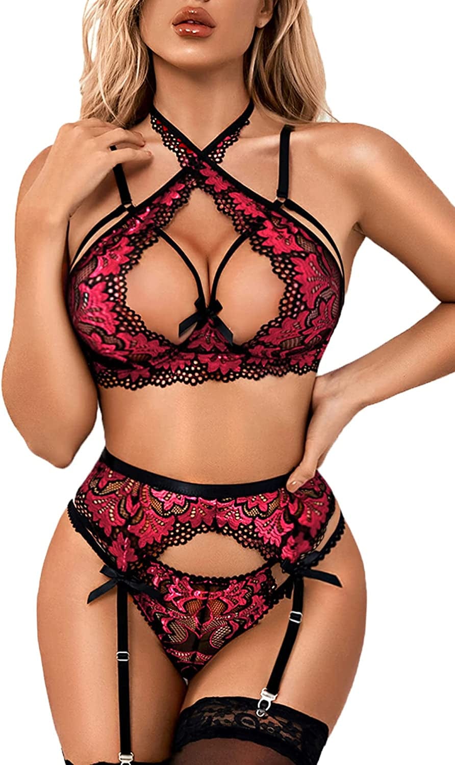 Donnalla Women Sexy Lingerie Set with Garter Belts Lace Bra and Panty Set Exotic Suspenders Set (NO STOCKINGS) Rose Red / XX-Large