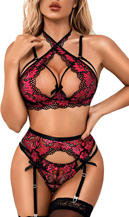 Donnalla Women Sexy Lingerie Set with Garter Belts Lace Bra and Panty Set Exotic Suspenders Set (NO STOCKINGS) Rose Red / XX-Large