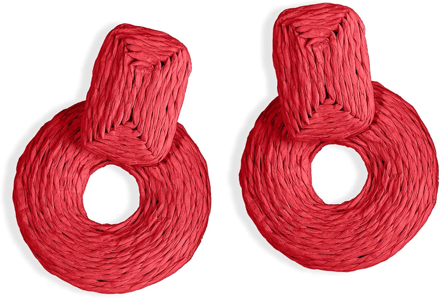 Doreenbow Raffia round Dangle Earrings Boho Drop Handmade Straw Earrings Rattan Earrings Geometric Dangle Earrings for Women Girls A-Red