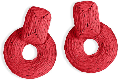 Doreenbow Raffia round Dangle Earrings Boho Drop Handmade Straw Earrings Rattan Earrings Geometric Dangle Earrings for Women Girls A-Red
