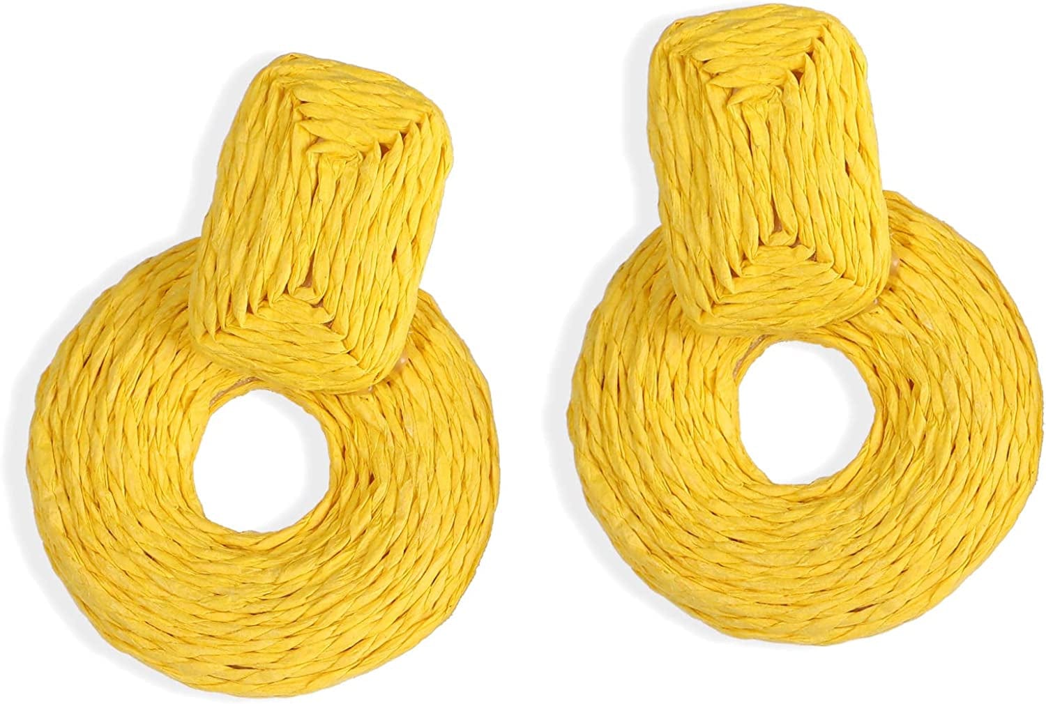 Doreenbow Raffia round Dangle Earrings Boho Drop Handmade Straw Earrings Rattan Earrings Geometric Dangle Earrings for Women Girls A-Yellow