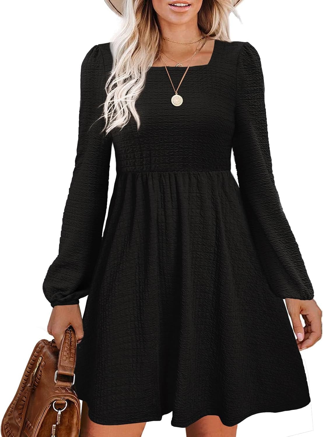 Doreyi Womens Babydoll Dresses Square Neck Long Sleeve Knee Length Flowy Swing Shirring Mini Dresses Fall Dress Black / Large