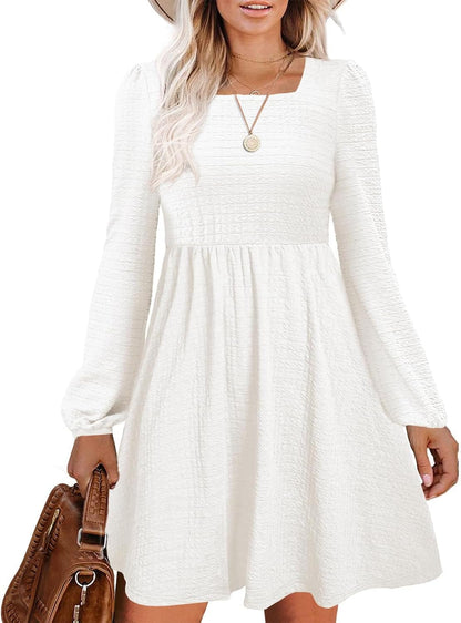 Doreyi Womens Babydoll Dresses Square Neck Long Sleeve Knee Length Flowy Swing Shirring Mini Dresses Fall Dress White / X-Large