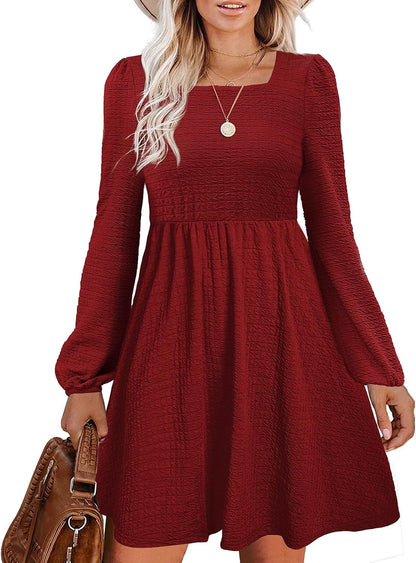 Doreyi Womens Babydoll Dresses Square Neck Long Sleeve Knee Length Flowy Swing Shirring Mini Dresses Fall Dress Burgundy / X-Large