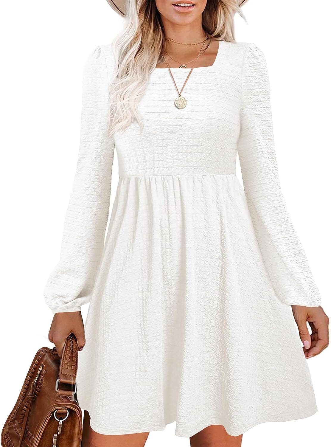 Doreyi Womens Babydoll Dresses Square Neck Long Sleeve Knee Length Flowy Swing Shirring Mini Dresses Fall Dress White / Medium