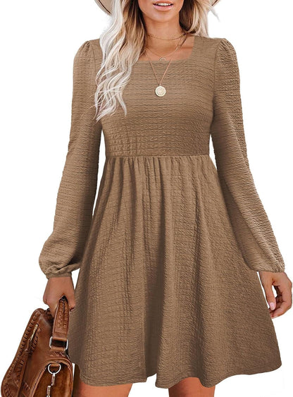Doreyi Womens Babydoll Dresses Square Neck Long Sleeve Knee Length Flowy Swing Shirring Mini Dresses Fall Dress Khaki / Small
