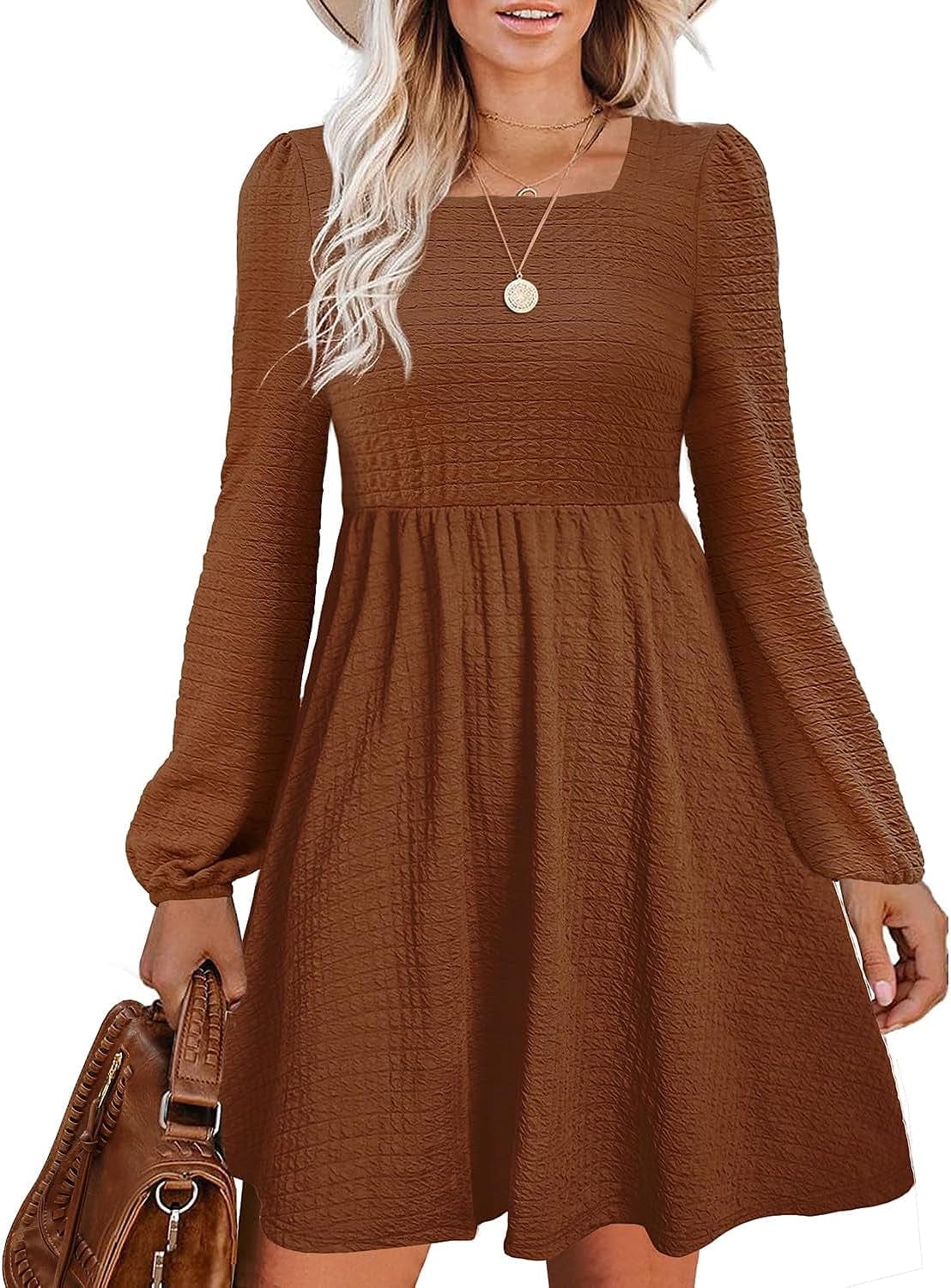 Doreyi Womens Babydoll Dresses Square Neck Long Sleeve Knee Length Flowy Swing Shirring Mini Dresses Fall Dress Brown / Small