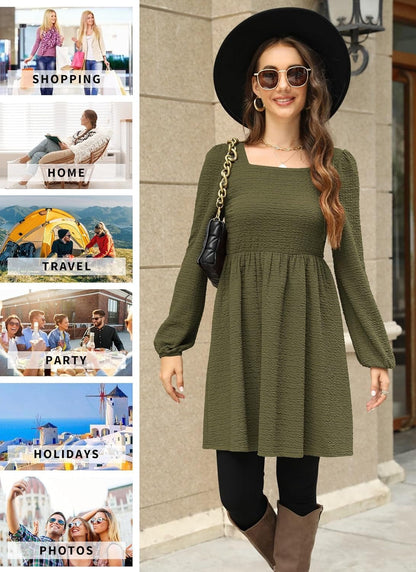 Doreyi Womens Babydoll Dresses Square Neck Long Sleeve Knee Length Flowy Swing Shirring Mini Dresses Fall Dress