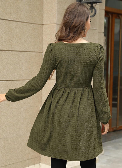 Doreyi Womens Babydoll Dresses Square Neck Long Sleeve Knee Length Flowy Swing Shirring Mini Dresses Fall Dress