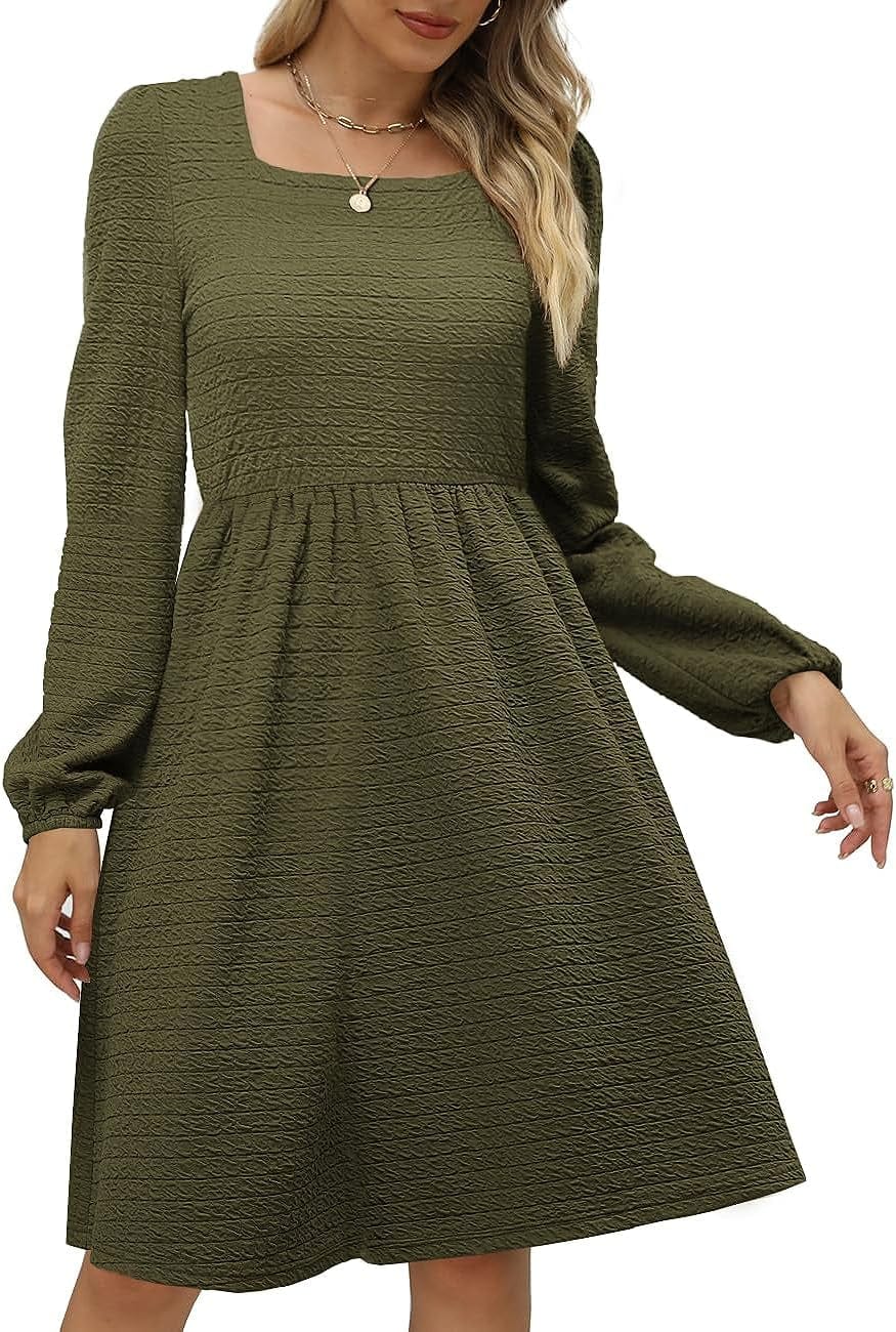 Doreyi Womens Babydoll Dresses Square Neck Long Sleeve Knee Length Flowy Swing Shirring Mini Dresses Fall Dress