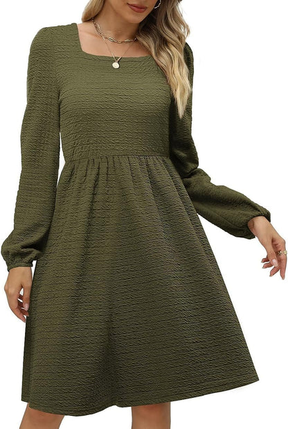 Doreyi Womens Babydoll Dresses Square Neck Long Sleeve Knee Length Flowy Swing Shirring Mini Dresses Fall Dress