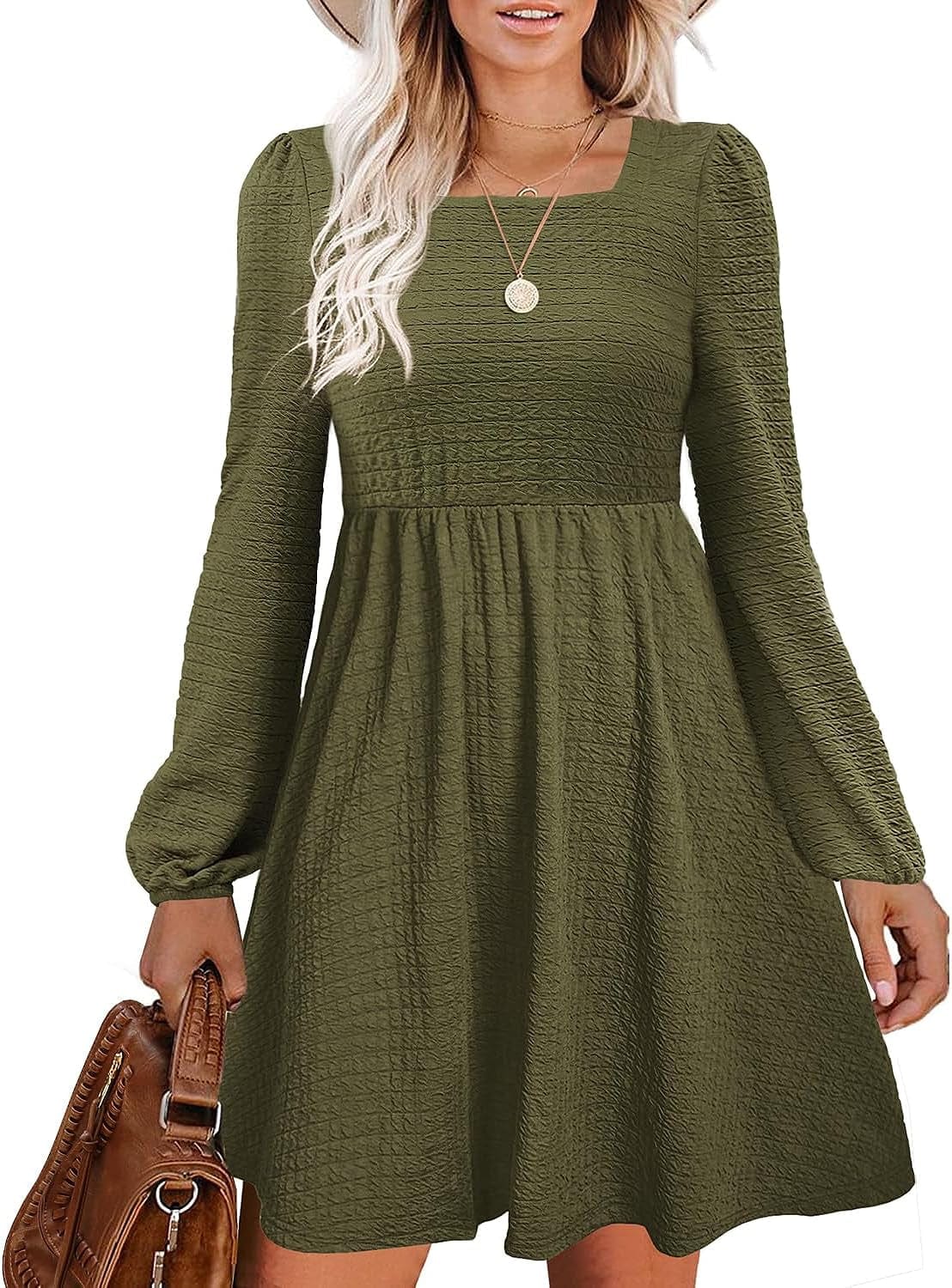 Doreyi Womens Babydoll Dresses Square Neck Long Sleeve Knee Length Flowy Swing Shirring Mini Dresses Fall Dress