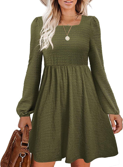 Doreyi Womens Babydoll Dresses Square Neck Long Sleeve Knee Length Flowy Swing Shirring Mini Dresses Fall Dress