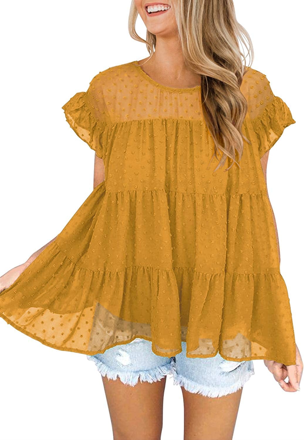DOROSE Women'S Summer Top Ruffle Loose Casual Sleeveless Blouses Tops Yellow / Small