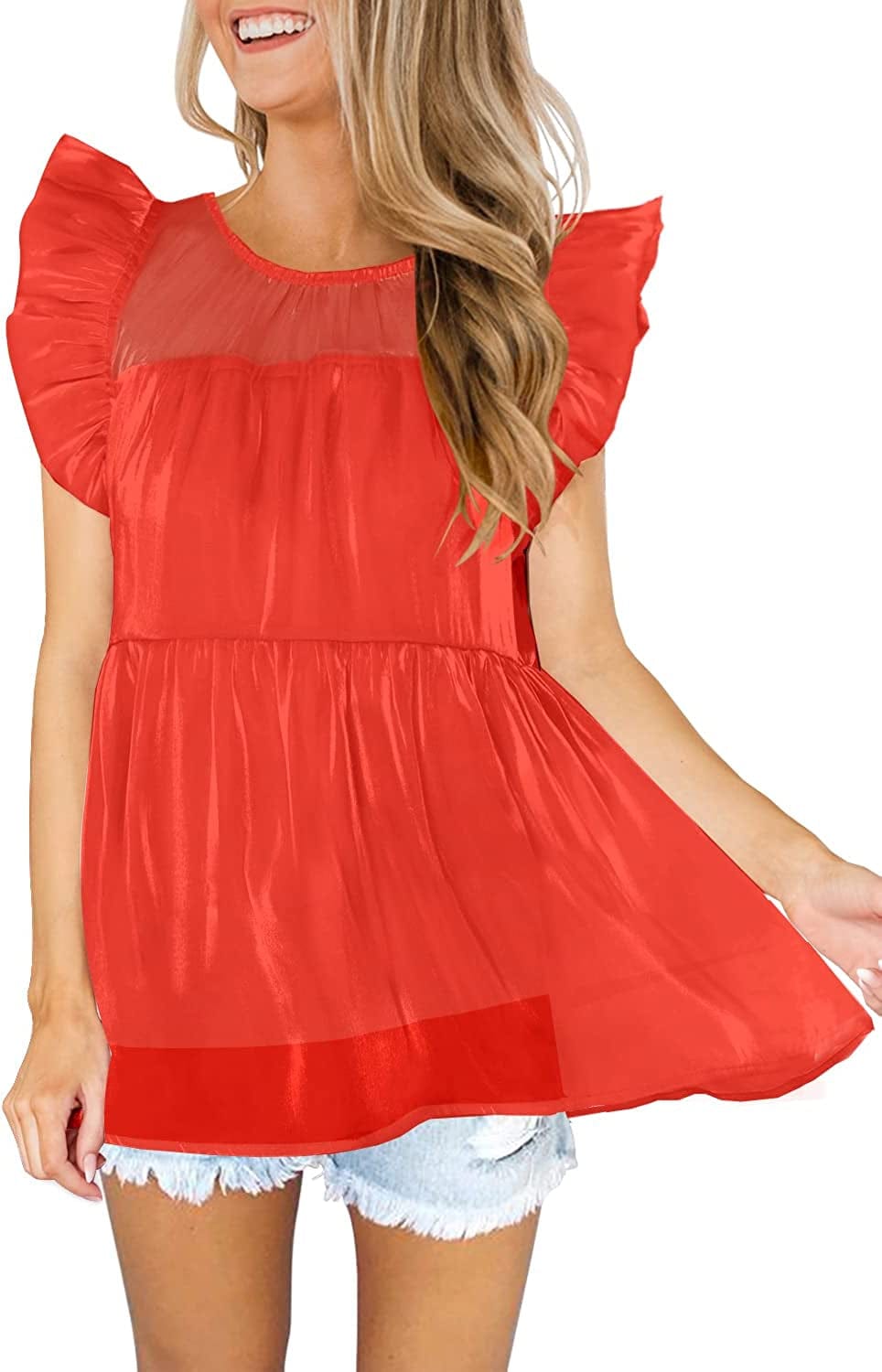 DOROSE Women'S Summer Top Ruffle Loose Casual Sleeveless Blouses Tops Z-red / Small