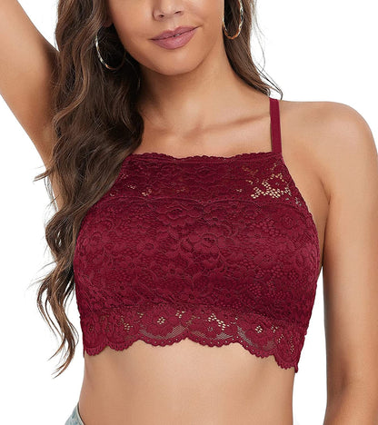 Dotvol High-Neck Lace Bralette for Women Racerback Floral Crop Top Vest Bra #385 Wine Red / X-Small
