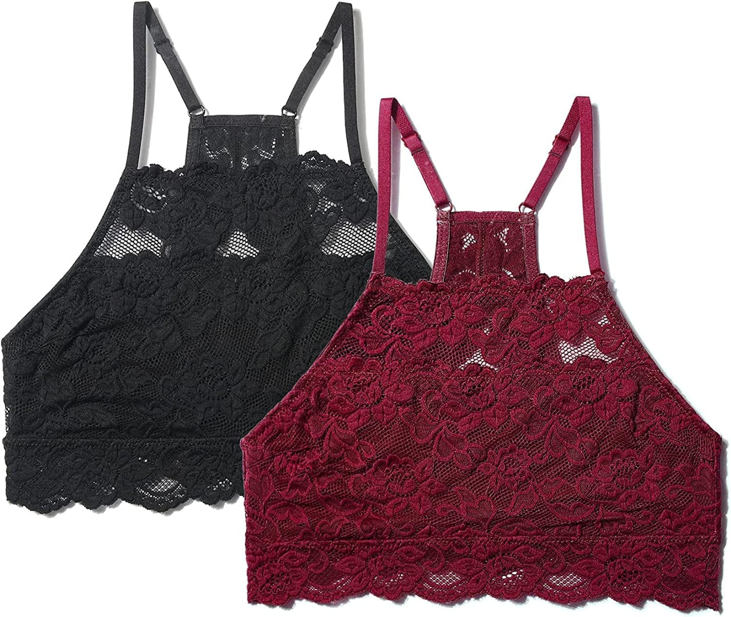 Dotvol High-Neck Lace Bralette for Women Racerback Floral Crop Top Vest Bra Wine Red&black 2 Pack / Small