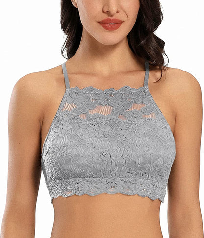 Dotvol High-Neck Lace Bralette for Women Racerback Floral Crop Top Vest Bra Grey / X-Small