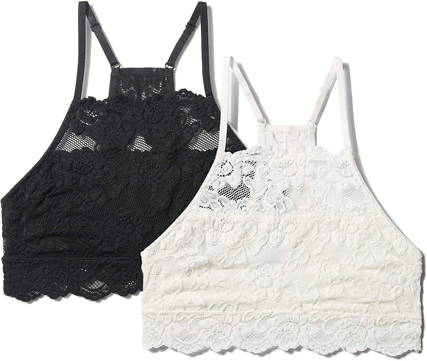 Dotvol High-Neck Lace Bralette for Women Racerback Floral Crop Top Vest Bra White&black 2 Pack / Medium
