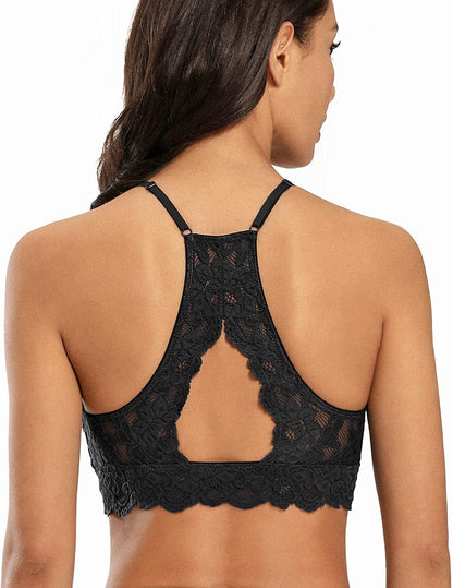 Dotvol High-Neck Lace Bralette for Women Racerback Floral Crop Top Vest Bra