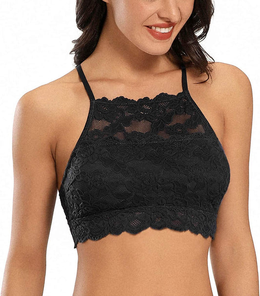 Dotvol High-Neck Lace Bralette for Women Racerback Floral Crop Top Vest Bra Black / X-Large