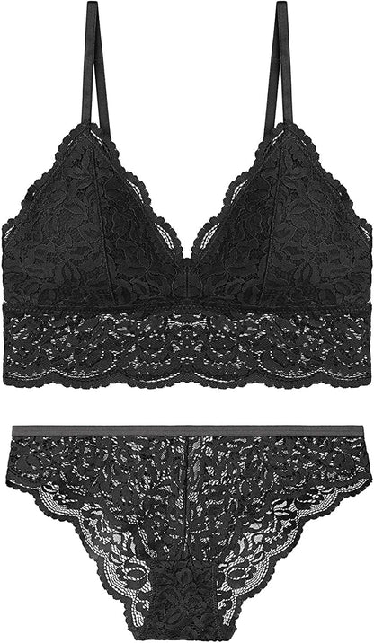Dotvol Women'S Floral Lace Bralette Removable Padded Standard Plunge Wirefree Bra and Panty Set