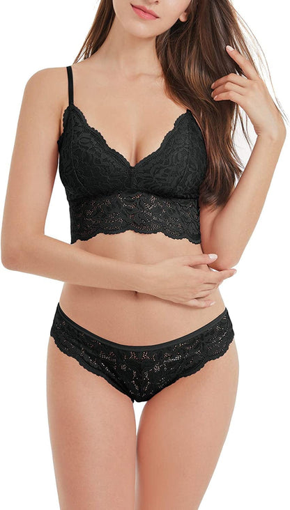 Dotvol Women'S Floral Lace Bralette Removable Padded Standard Plunge Wirefree Bra and Panty Set