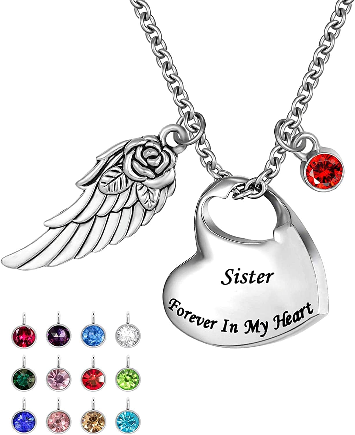 Double Heart Cremation Urn Necklace Comes with Angel Wing and 12 Birthstones Ashes Jewelry Memorial Pendant- Forever in My Heart Sister