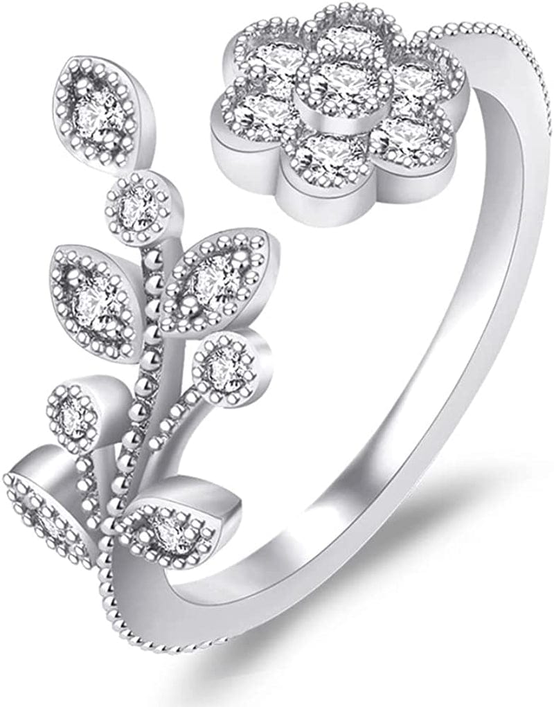 Double Leaf Wrap Rings for Women Dainty Zircon Rings Adjustable Hypoallergenic flower-leaf