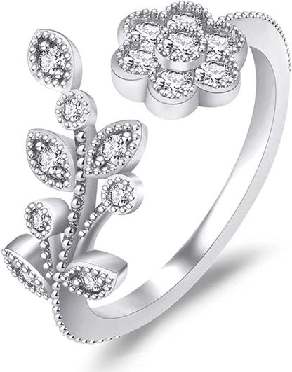 Double Leaf Wrap Rings for Women Dainty Zircon Rings Adjustable Hypoallergenic flower-leaf