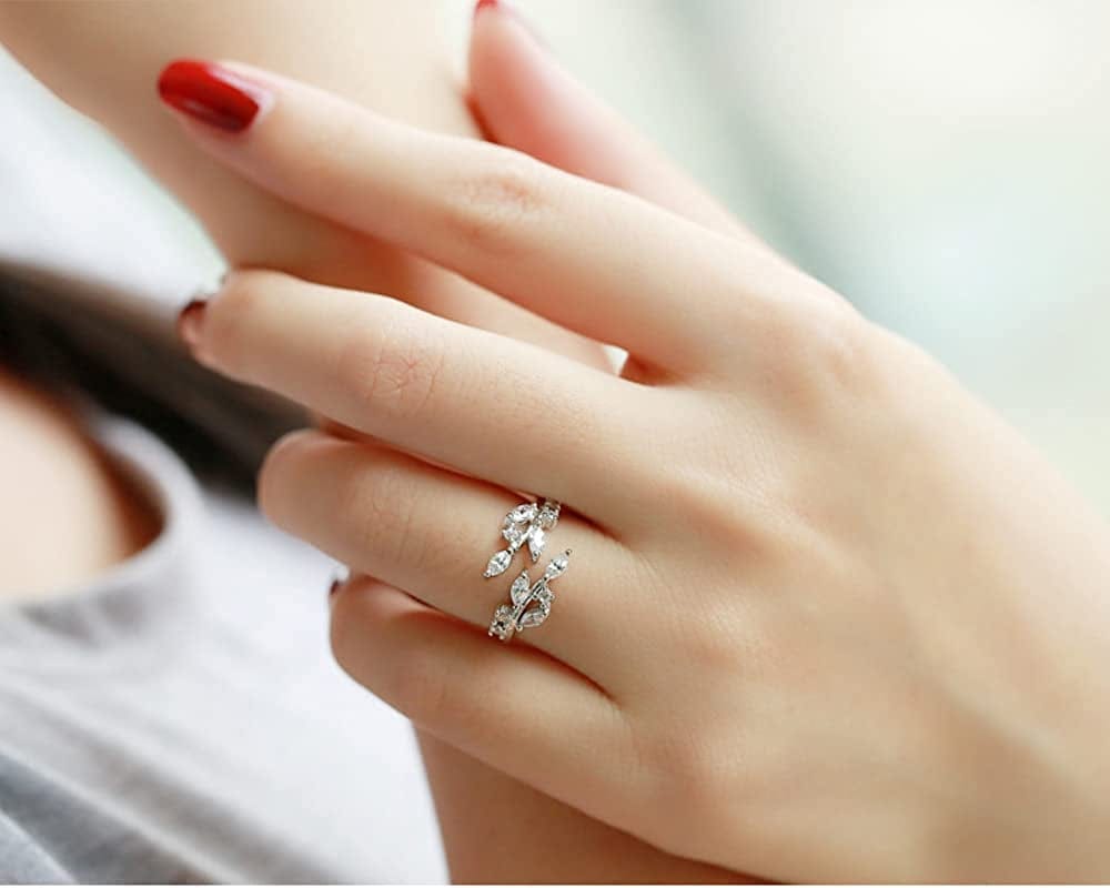 Double Leaf Wrap Rings for Women Dainty Zircon Rings Adjustable Hypoallergenic