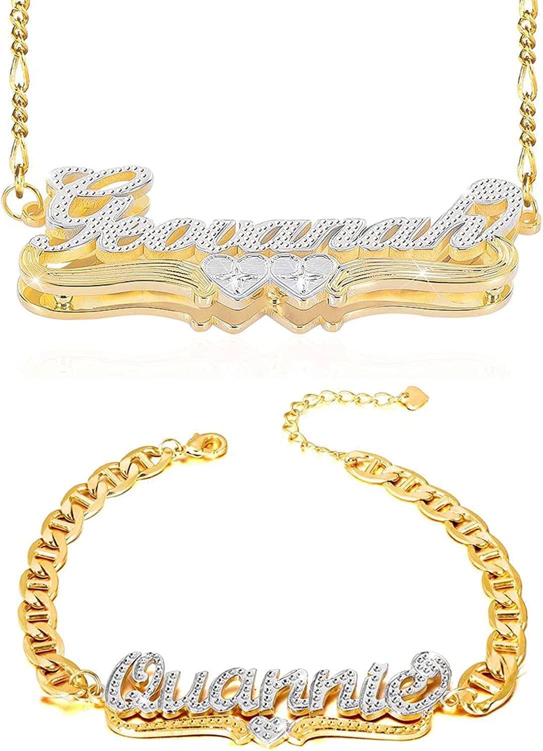 Double Plated Nameplate Name Necklace Custom Heart Necklace Personalized Two Tone Gold and Silver Custom Name Necklace for Women Teen Girls Jewelry Gift Z -Jewelry Set-2