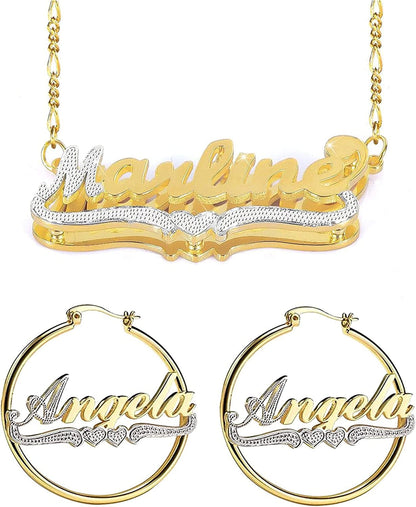 Double Plated Nameplate Name Necklace Custom Heart Necklace Personalized Two Tone Gold and Silver Custom Name Necklace for Women Teen Girls Jewelry Gift Z -Jewelry Set-1