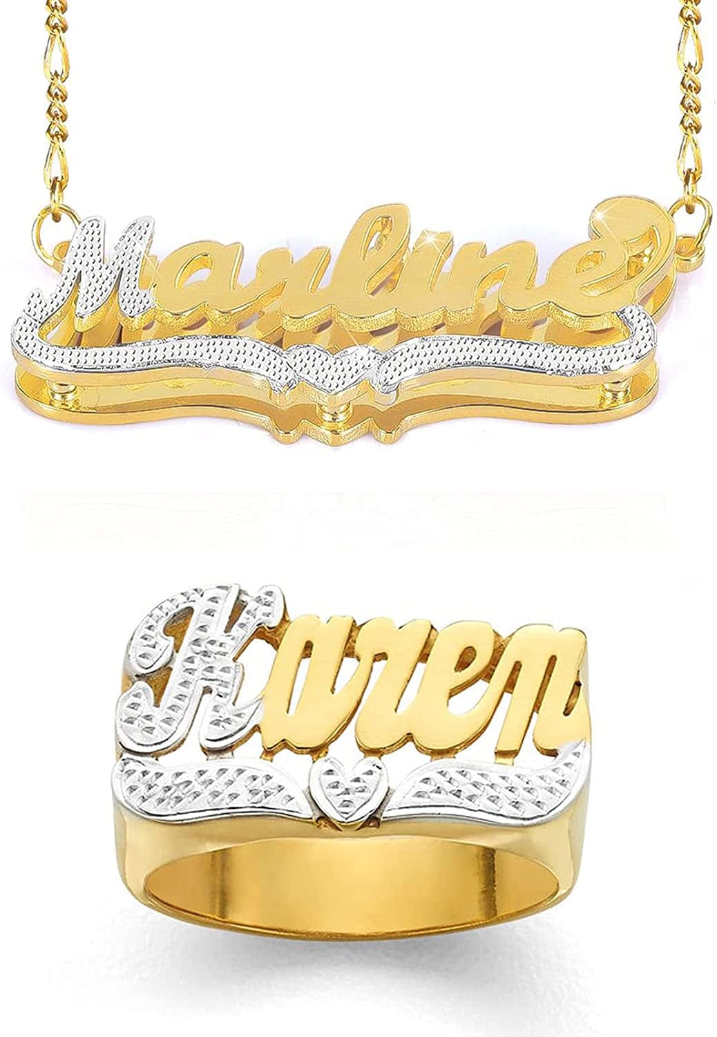Double Plated Nameplate Name Necklace Custom Heart Necklace Personalized Two Tone Gold and Silver Custom Name Necklace for Women Teen Girls Jewelry Gift Z -Jewelry Set-1-1